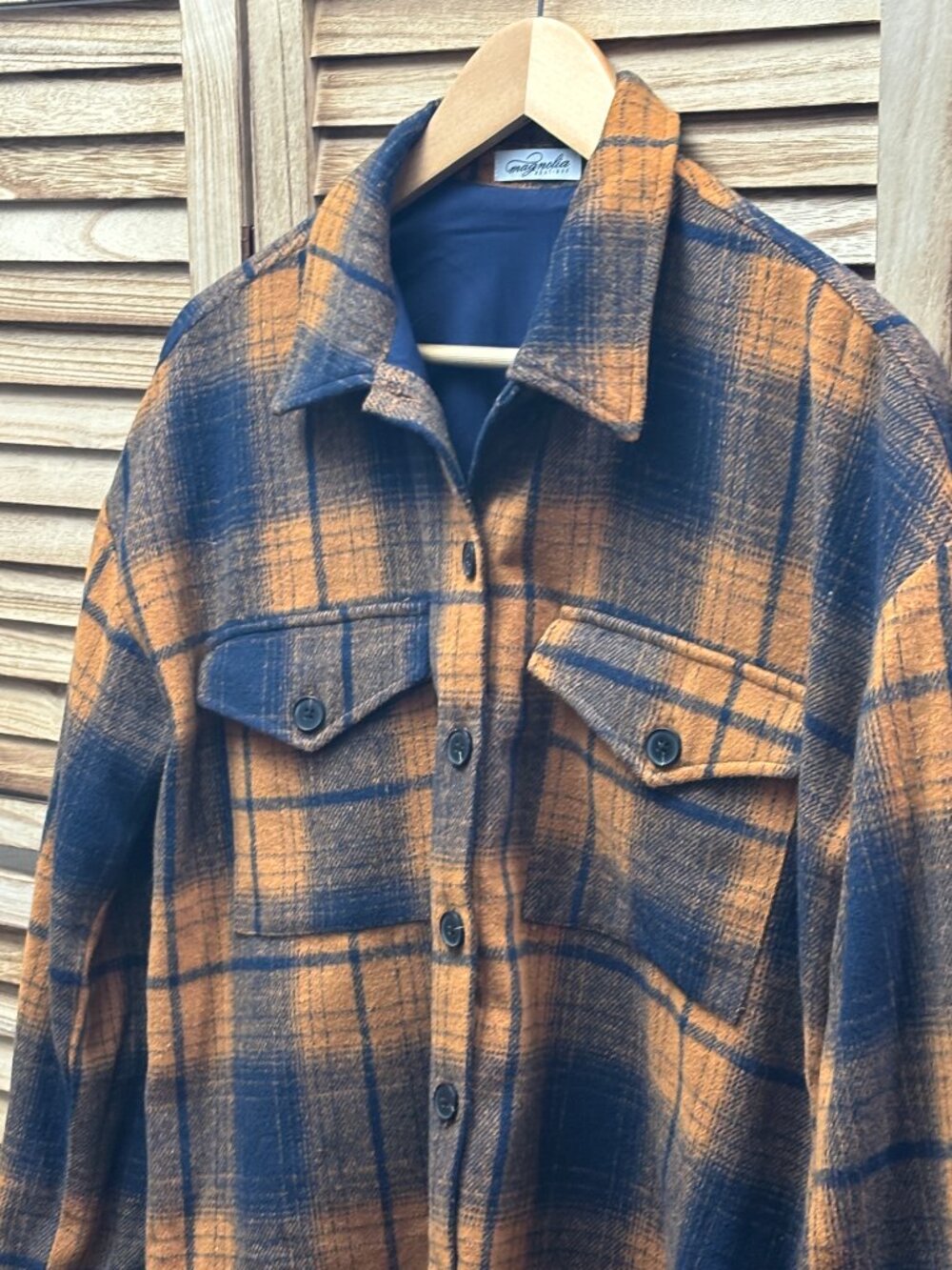 Navy Blue & Burnt Orange Plaid Flannel Shacket by Magnolia Boutique Women's M